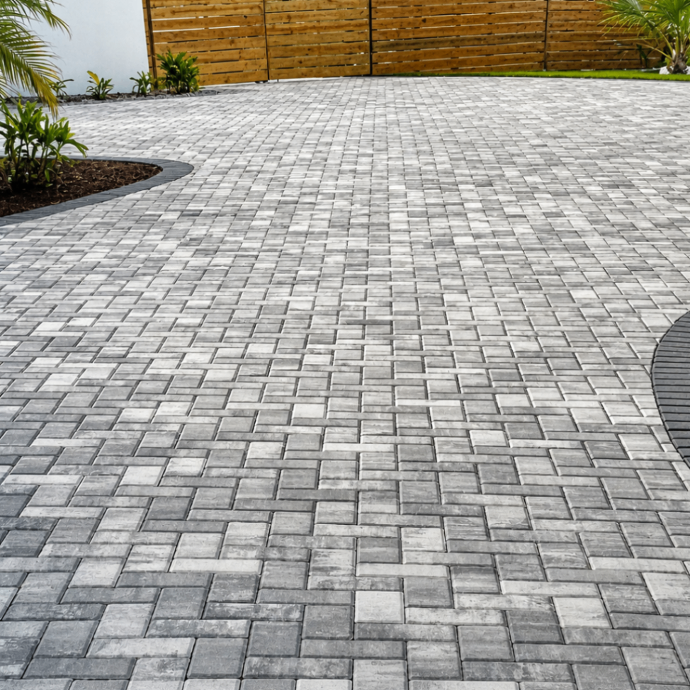 Modern gray paver driveway